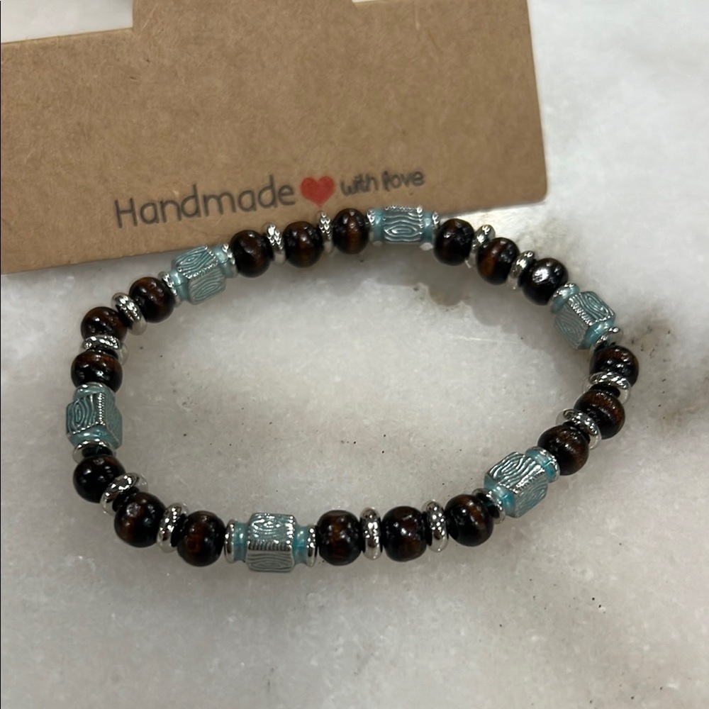 Artisan Beaded Bracelet with painted Metal and Brown Wood Beads